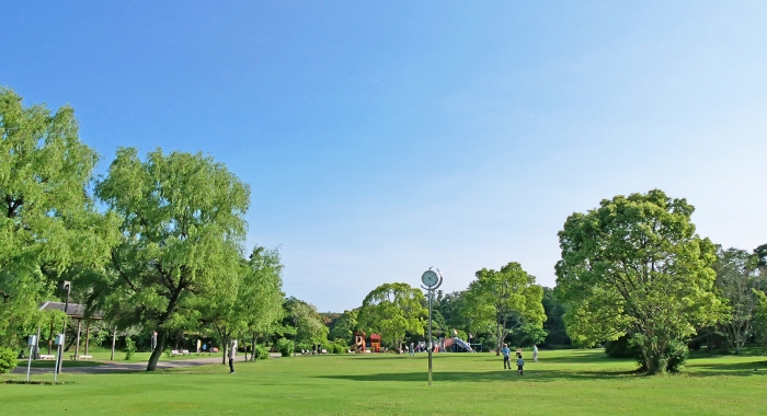 公園の緑が広がるエコ配送サービスのイメージ風景